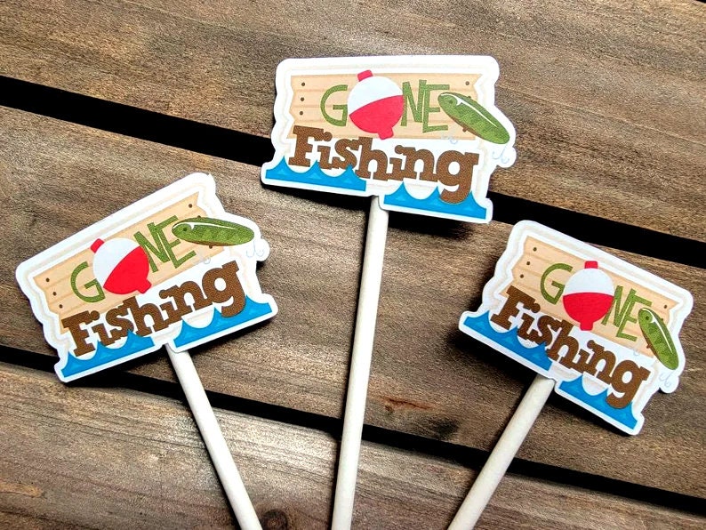 Gone Fishing Cupcake Toppers, Fisherman Cupcake Topper, Fishing Birthday, Fishing Party, Fishing Cake Toppers, Fishing Bobber Cupcake Topper