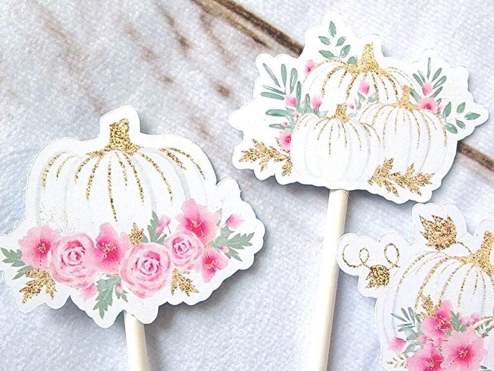 Pink and Gold Pumpkin Cupcake Toppers - Pink Little Pumpkin Cupcake Toppers Fall Party Decorations Fall Baby Shower Decorations Pink Pumpkin