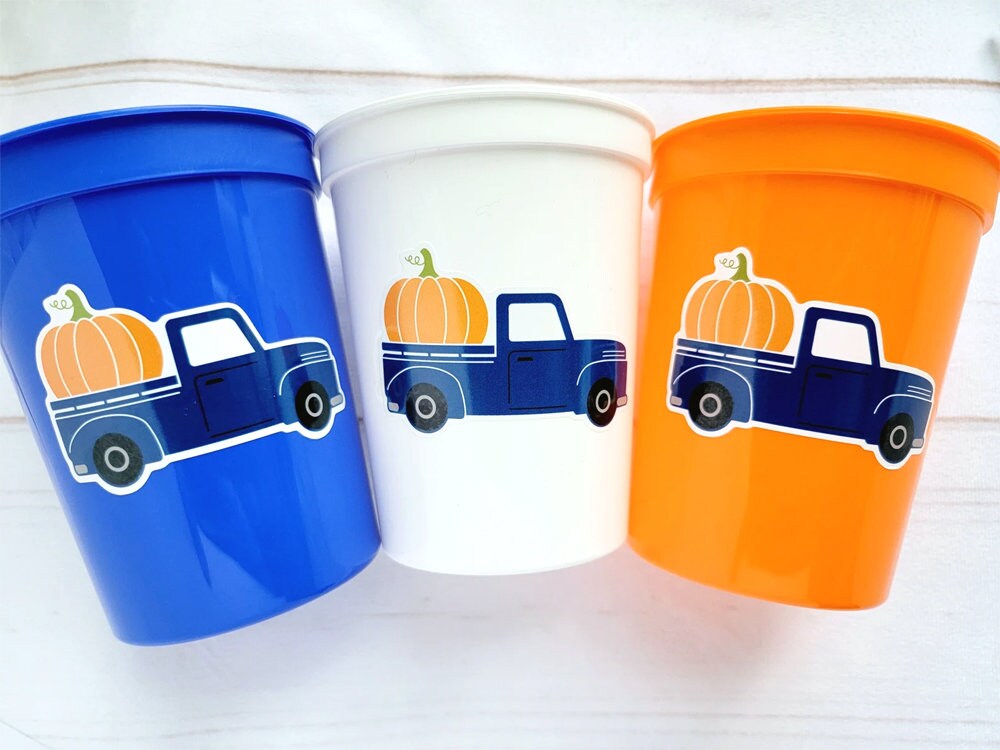 BLUE PUMPKIN TRUCK Cups - Fall Party Cups Truck Birthday Pumpkin Cups Little Pumpkin 1st Birthday Pumpkin Truck Birthday Decoration Fall Cup