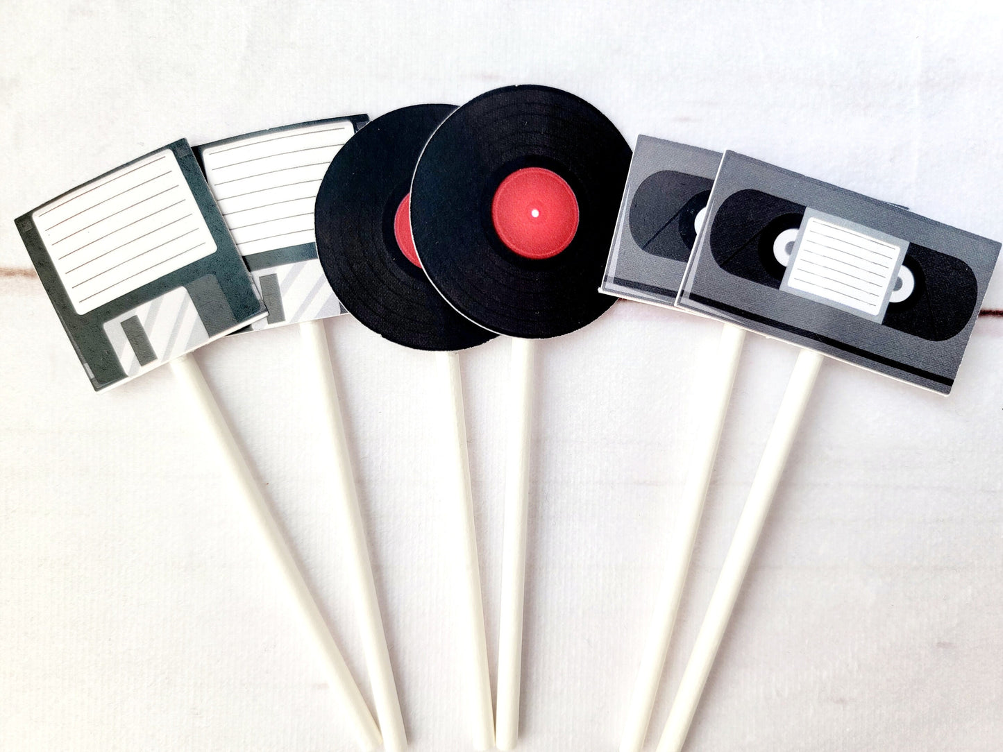 80's Cupcake Toppers - 80's Party Decorations - 80's Birthday Cupcake Toppers, Floppy Disk, Record, VCR Tape - Item# 723161212A