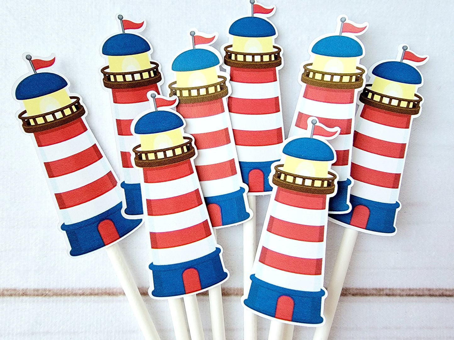 Lighthouse Cupcake Toppers | Nautical Birthday Party Decorations | Beach & Coastal Party Cupcake Picks | Beach Party Decorations | Coastal