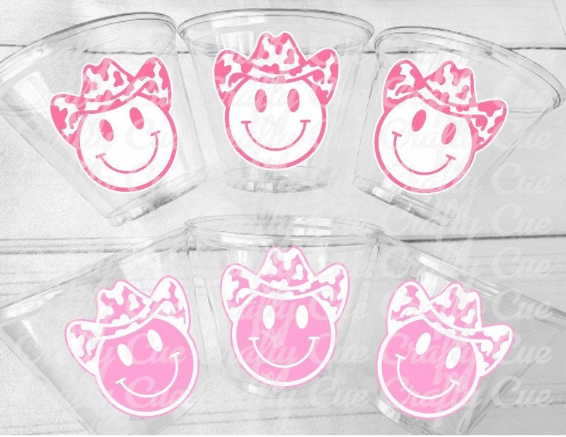 COWGIRL PARTY CUPS - Cowgirl Cups Cowgirl Party Decorations Cowgirl Bachelorette Cow Print Hat Happy Face Cups Cowgirl Rodeo Party Cups