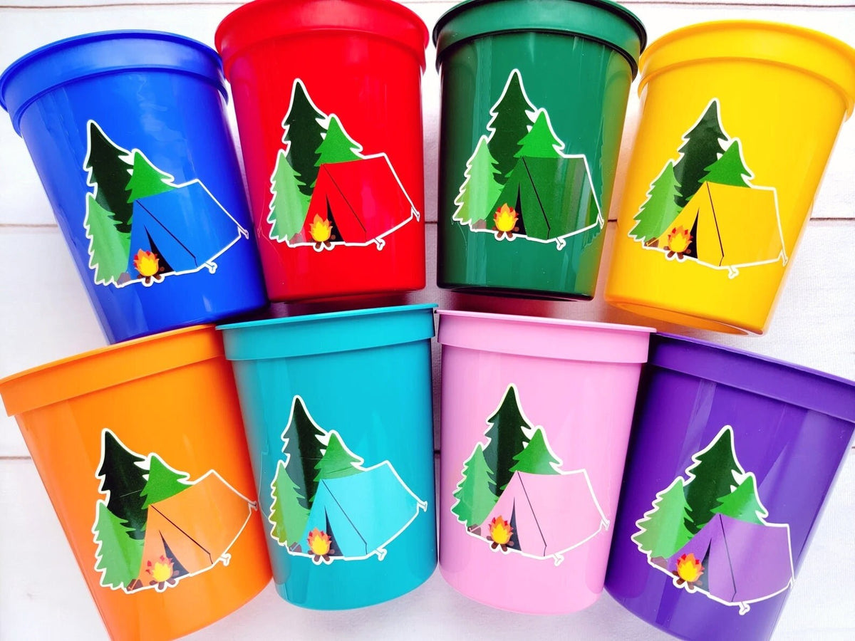 CAMPING PARTY CUPS Personalized Camping Party Cups Camping Birthday Party Camp Party Decorations Camp Bachelorette Cups Camping Party Favors