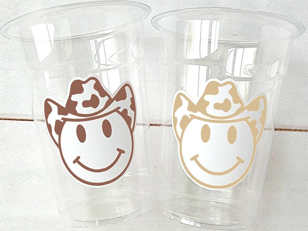 Brown COWBOY PARTY CUPS - Cowboy Cups Cowboy Party Decorations Cowgirl Bachelorette Cow Print Hat Happy Face Cups Cowboy Rodeo Party Cups