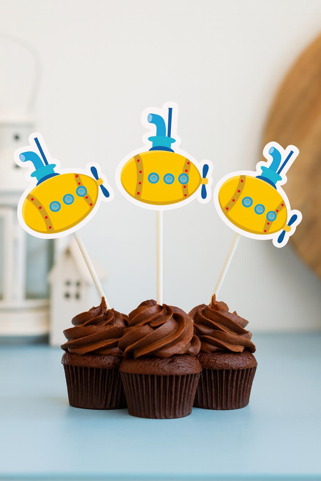 Submarine Cupcake Toppers, Under the Sea Party Decorations, Nautical Baby Shower, Ocean Theme Birthday, Yellow Submarine Picks, Party Decor
