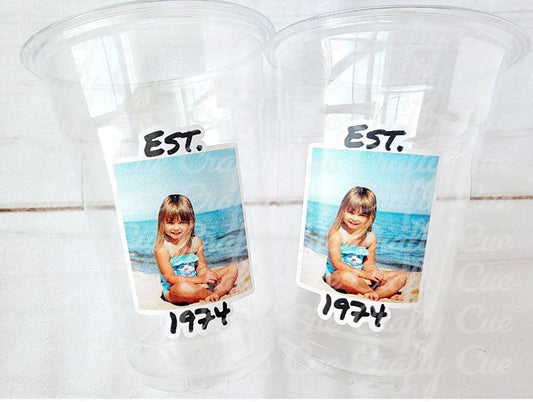 Custom Photo Birthday Cups with Year | Personalized Plastic Party Cups | Vintage Est Year Face Cups for Milestone Birthdays Events Parties