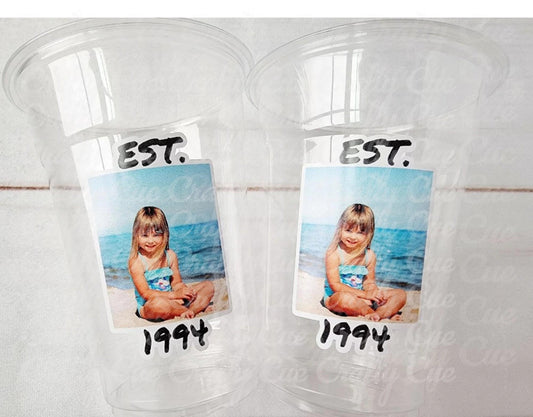 Custom Photo Birthday Cups with Year | Personalized Plastic Party Cups | Vintage Est Year Face Cups for Milestone Birthdays Events Parties