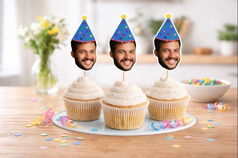 Photo Cupcake Toppers, Face Cupcake Toppers, Face On A Stick Cupake Toppers, Picture Cupcake Toppers, Face with Hat Cupcake Toppers, Funny