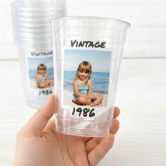 Custom Photo Cups 16oz | Personalized Plastic Party Cups with Text & Picture | Face Cups Birthday Favors | Vintage Year Est Cups Decorations