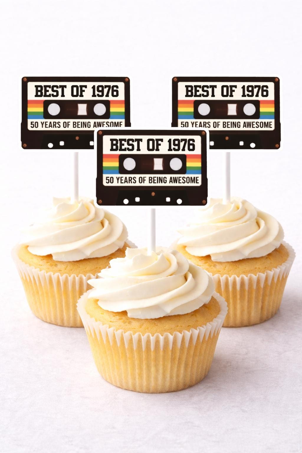 Set of 12 retro cassette tape cupcake toppers made from premium cardstock
