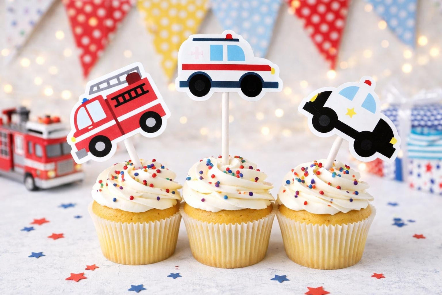 Emergency Vehicles Cupcake Toppers, Firetruck Cupcake Toppers, Ambulance Cupcake Toppers, Police Car Cupcake Toppers