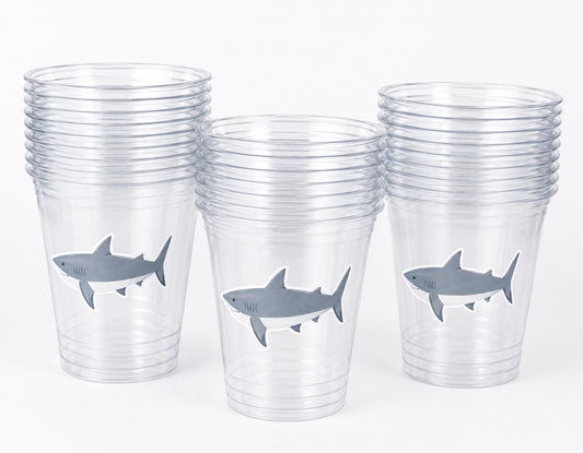 Shark Party Cups | 16oz Clear Shark Birthday Cups | Ocean Theme Party Decorations | Shark Birthday Favor Cups | Beach Party Cups