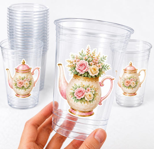 Floral Teapot Cups 16oz – Tea Party Cups, Pink Tea Pot Party Decorations, Shabby Chic Tea Cups, Garden Tea Party Supplies