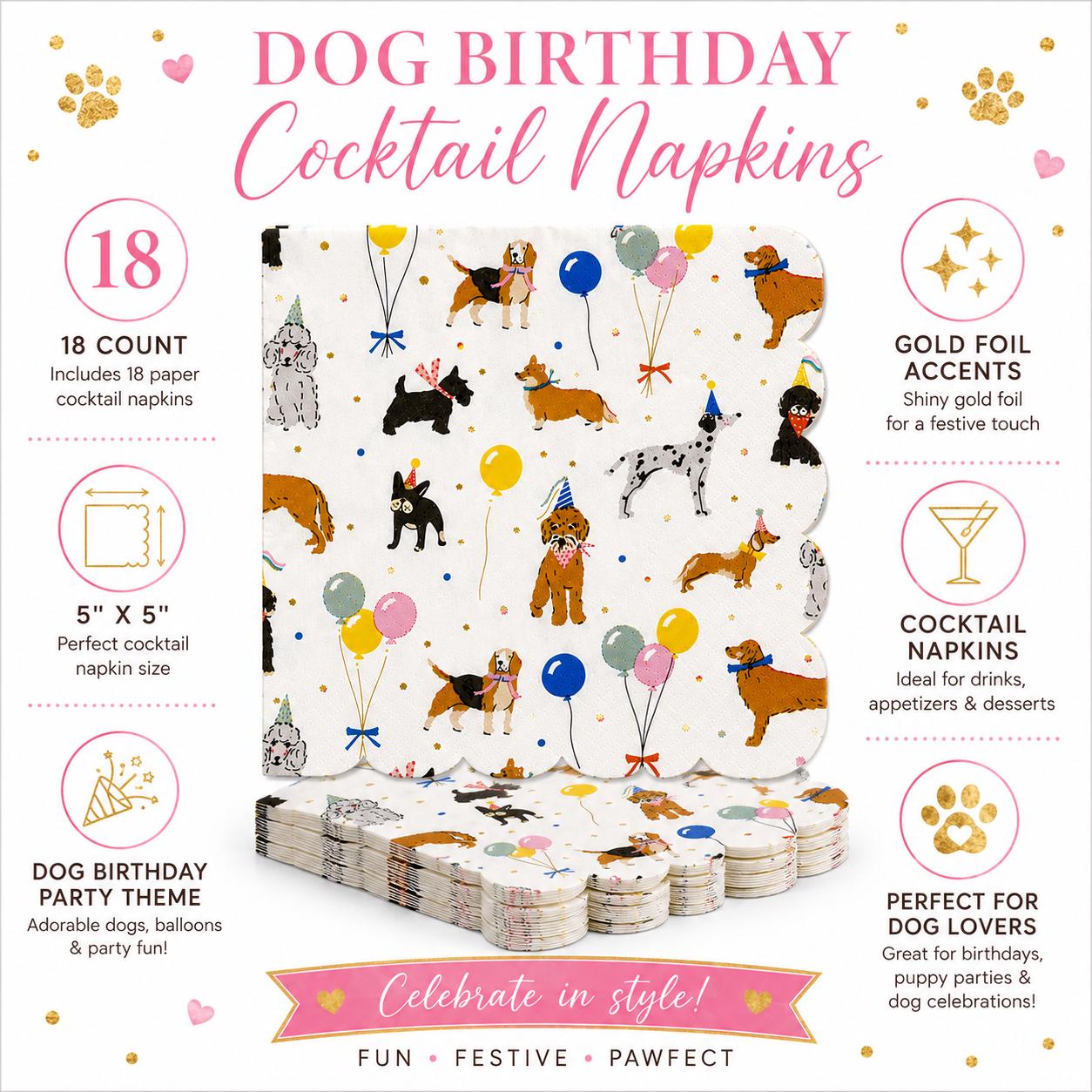 Dog Birthday Party Cocktail Napkins, Dog Party Napkins, Puppy Birthday Decorations, Dog Lover Party Supplies, Dog Beverage Napkins, 18 Count