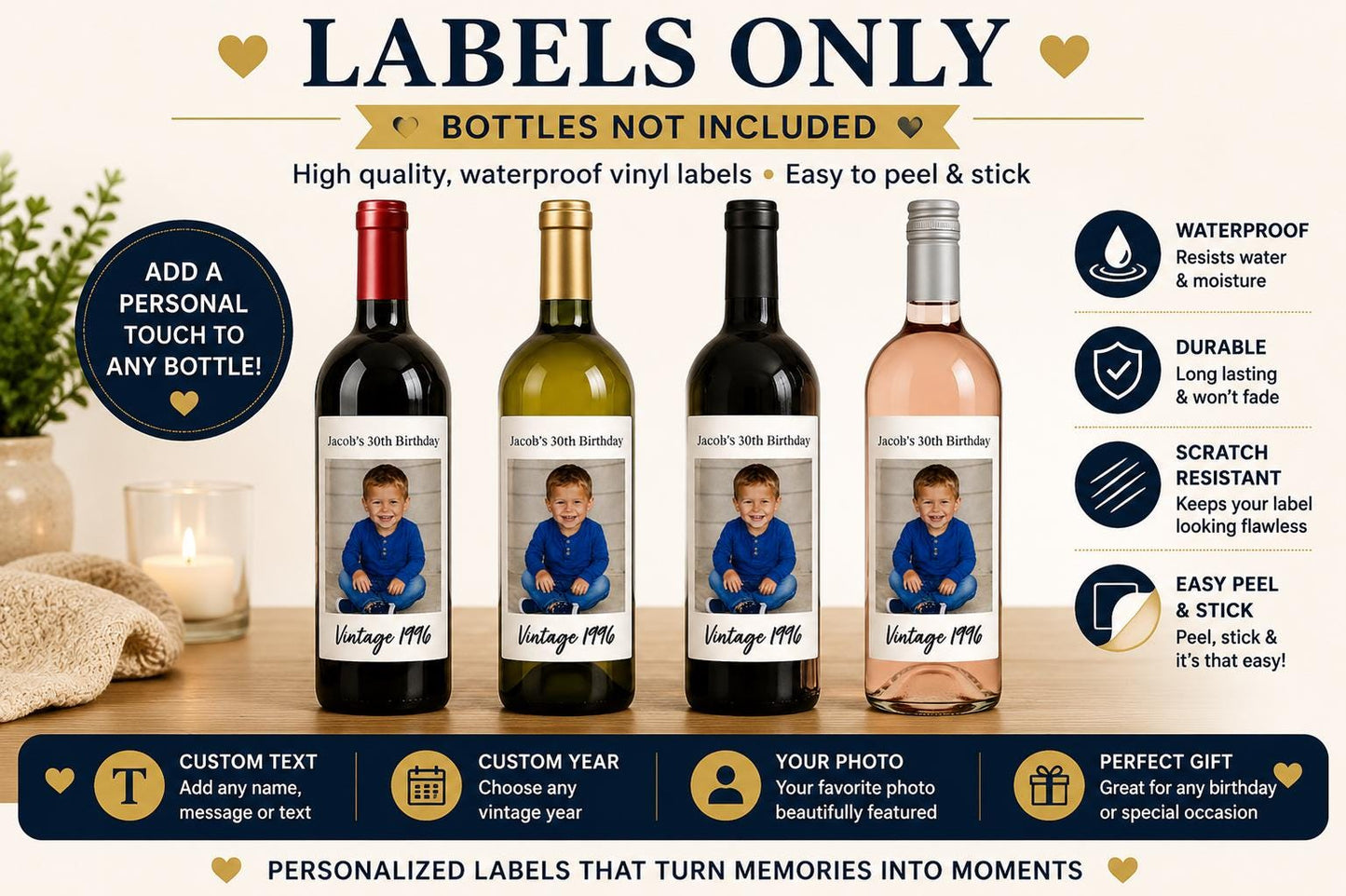 Personalized Wine Bottle Label with Photo | Vintage Year Wine Label | Custom Birthday Gift | Anniversary, Retirement Decor