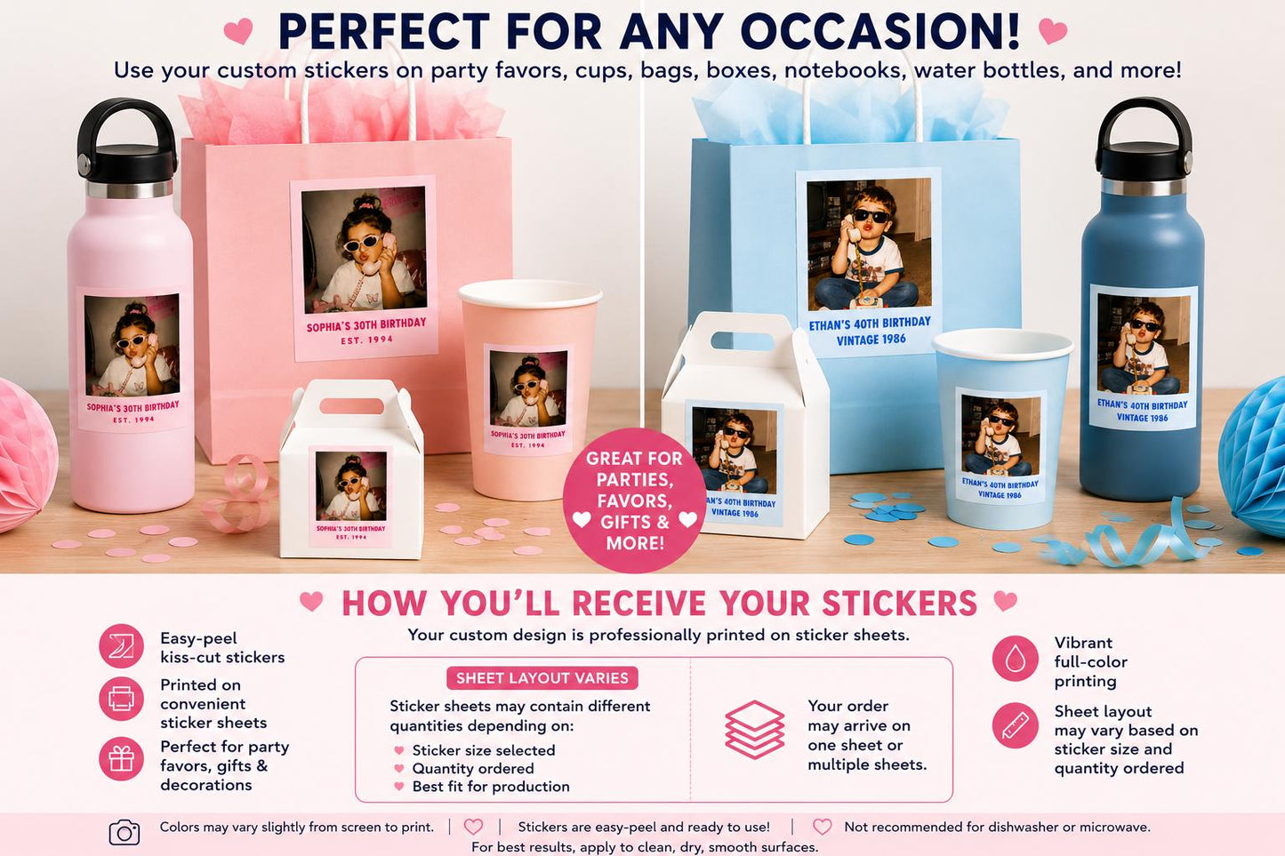 Personalized Photo Stickers | Custom Picture Stickers with Name & Year | Face Stickers | Birthday Party Favors | Custom Party Favor Stickers