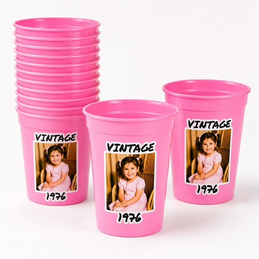 Custom Reusable Photo Cups, Personalized Birthday Cups, Vintage Est. Year with Name & Text, 16th 21st 30th 40th 50th 60th 70th, Party Favors