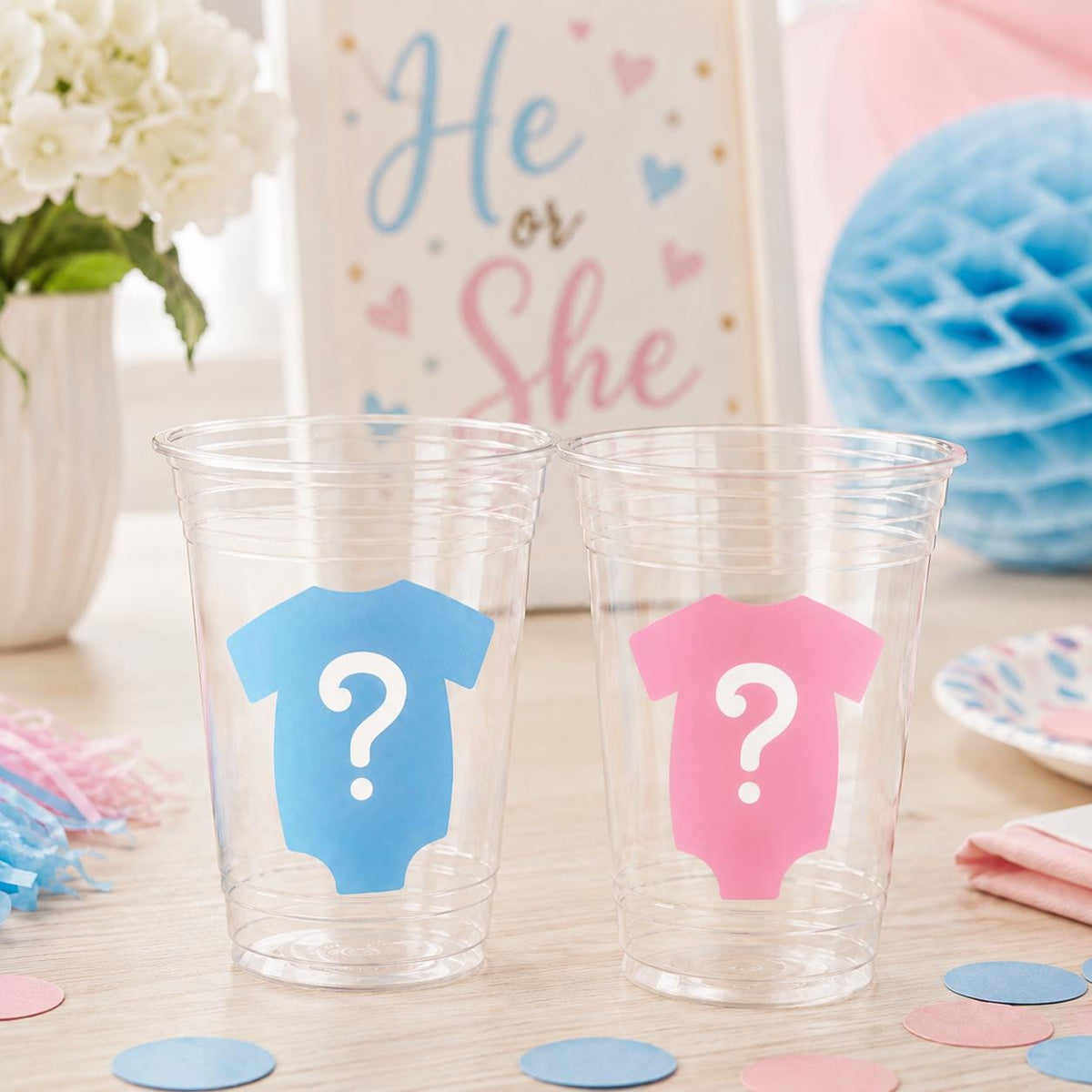 GENDER REVEAL Party Cups - Pink and Blue Party Cups Gender Reveal Party Favors One Piece Gender Reveal Gender Reveal Decorations Baby Shower