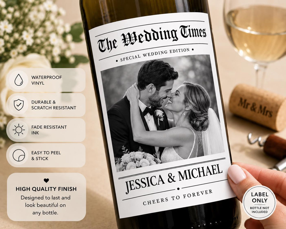 Personalized Wedding Wine Label, Custom Photo Wine Bottle Label, The Wedding Times Newspaper Label, Bride Groom Wedding Gift,Newspaper Label