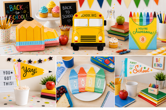 Back to school party supplies with pencil plates, school bus plates, crayon napkins and first day of school decorations