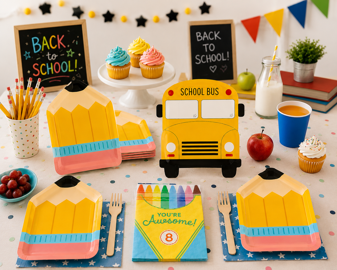 Back to school breakfast decorations with plates napkins and school party supplies