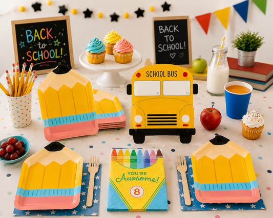 Back to school breakfast decorations with plates napkins and school party supplies