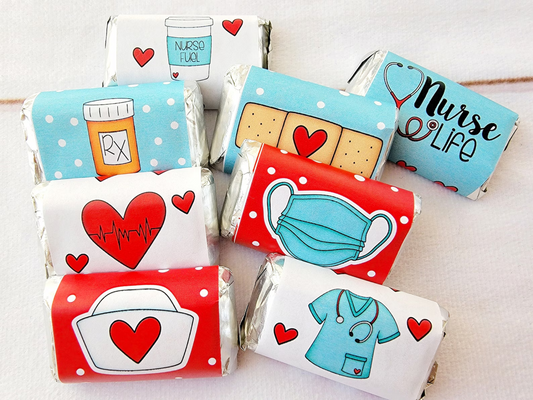 nurse themed Hershey mini chocolate wrappers party favors for nurse graduation and appreciation