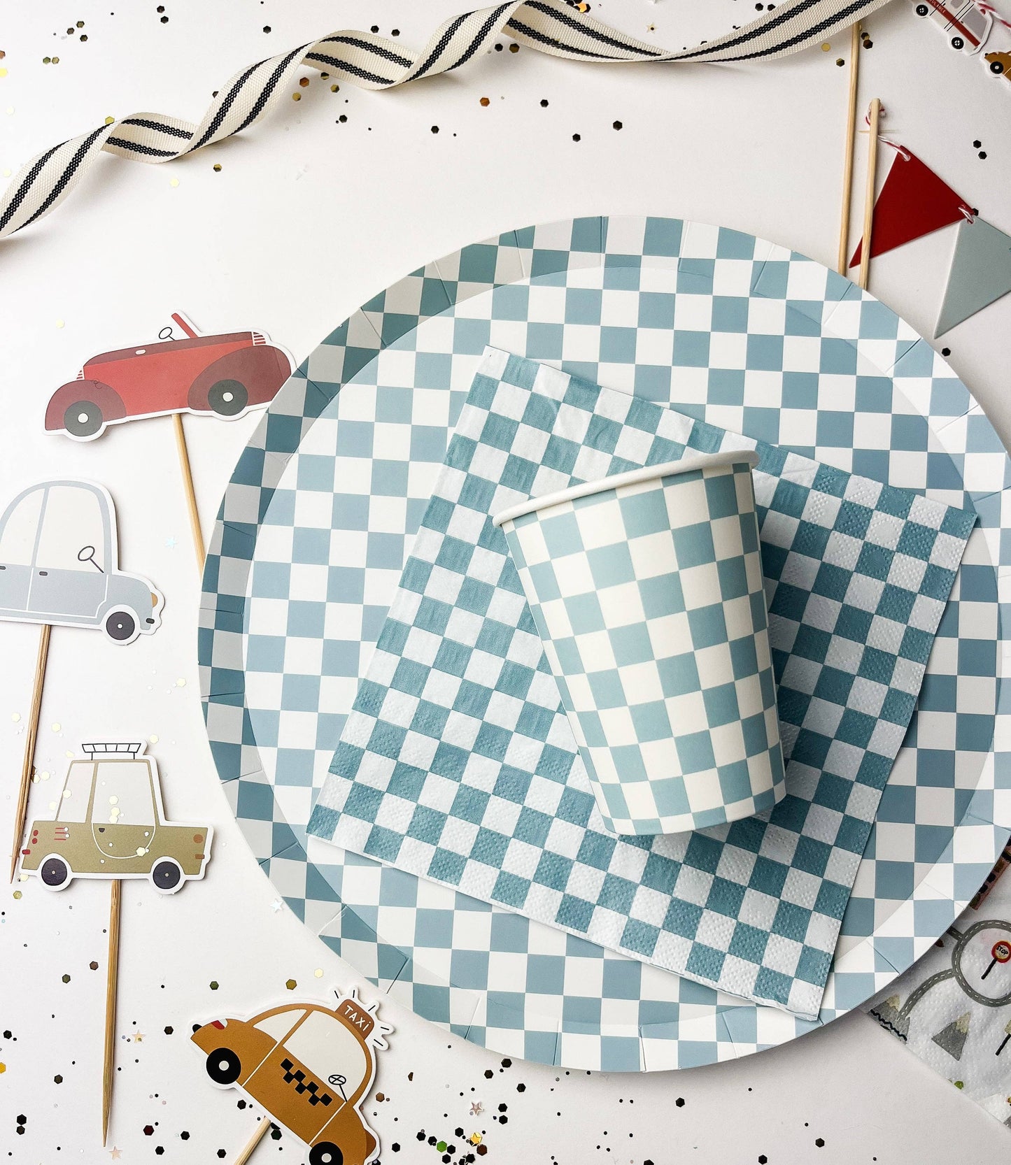 Checkered Blue Plate, XL (Set of 8)
