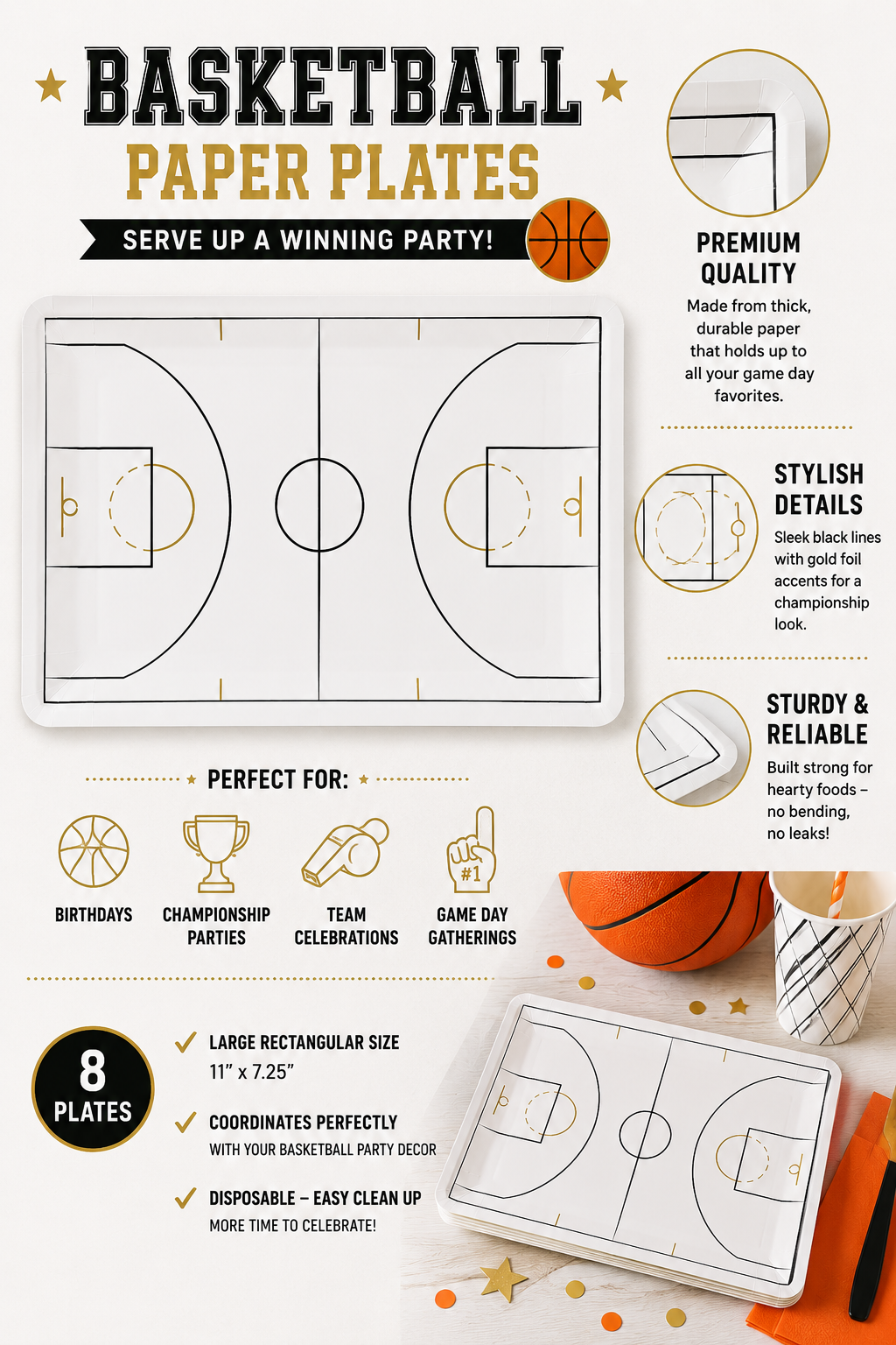 Basketball Court Shaped Paper Plates – Basketball Birthday Party Plates & Sports Tableware
