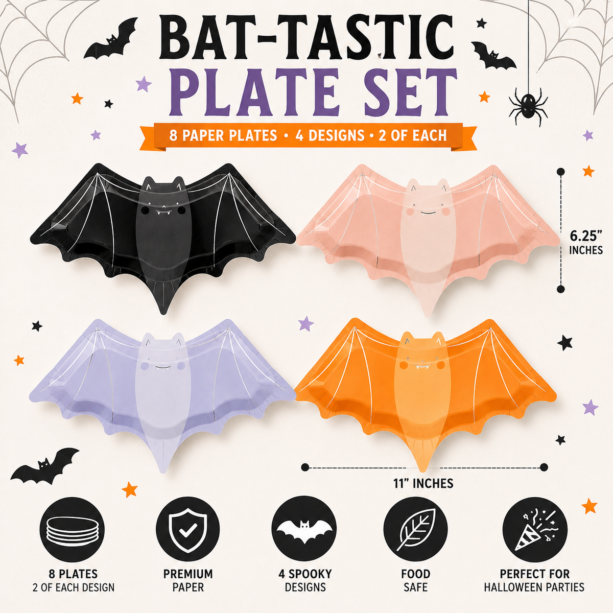 Bat Shaped Paper Plates – Halloween Party Plates, Spooky Birthday & Vampire Party Supplies
