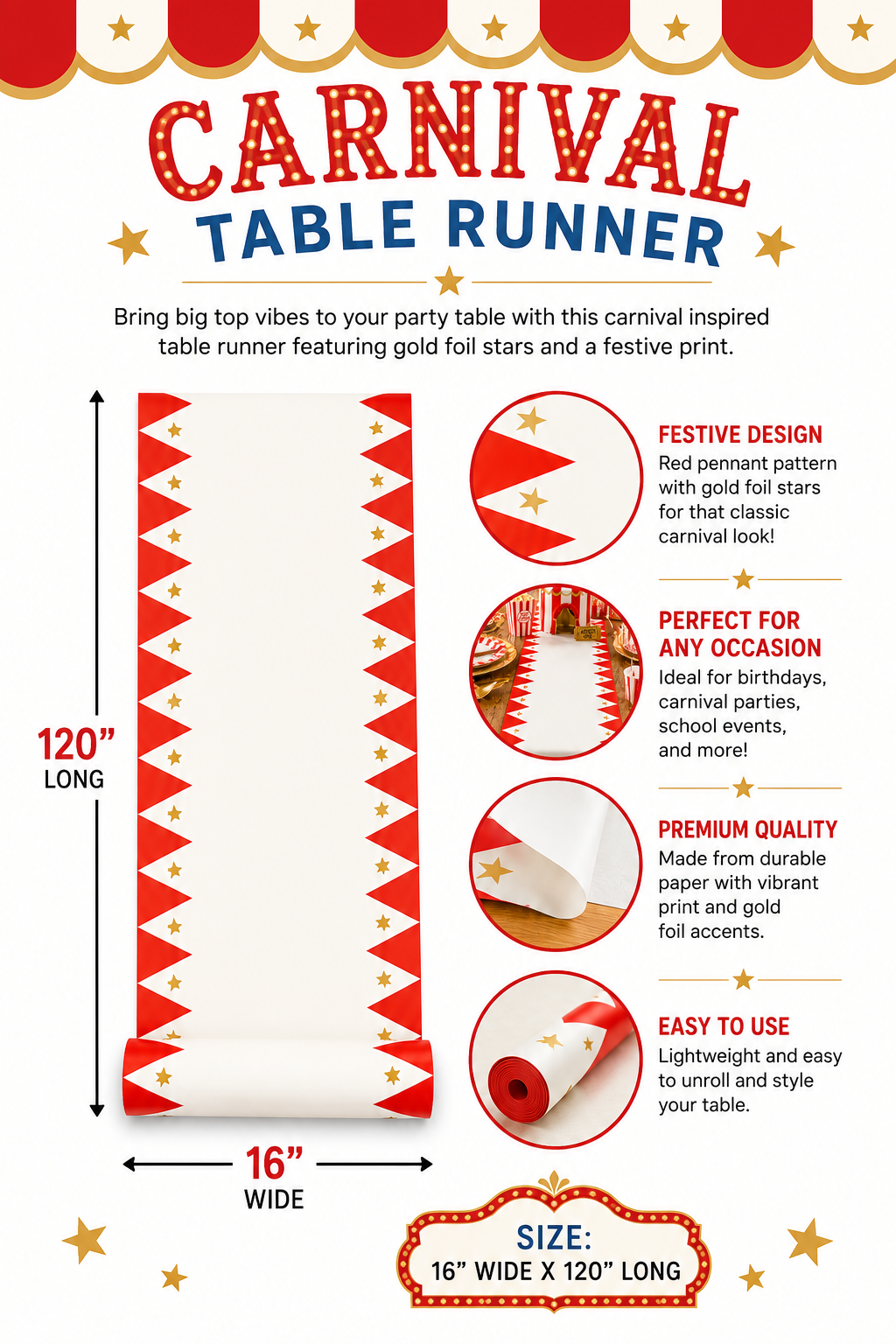 Carnival Table Runner | Circus Party Decorations | Carnival Birthday Party Decor | Big Top Party Supplies | Carnival Theme Table Decor