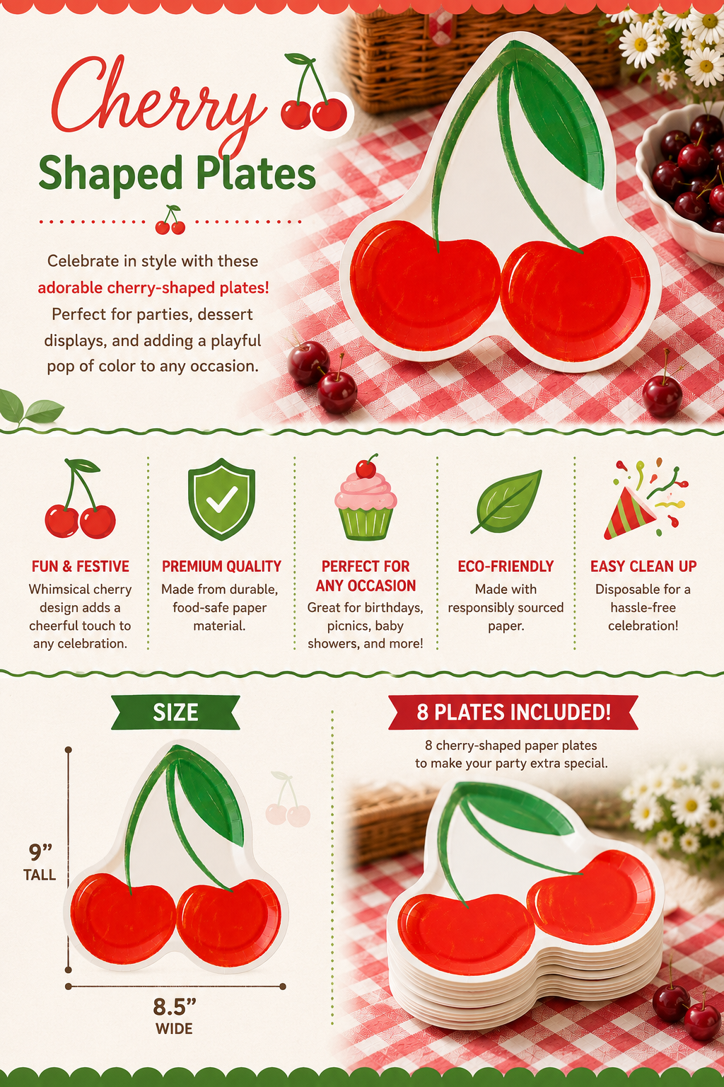 Cherry Shaped Paper Plates – Sweet Cherry Birthday Party, Baby Shower & Summer Party Plates