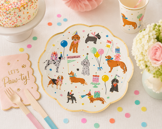 Dog Party Plates, Puppy Birthday Party Plates, Dog Birthday Decorations, Pawty Tableware, Gold Foil Paper Plates, Dog Party Supplies, 8 Ct