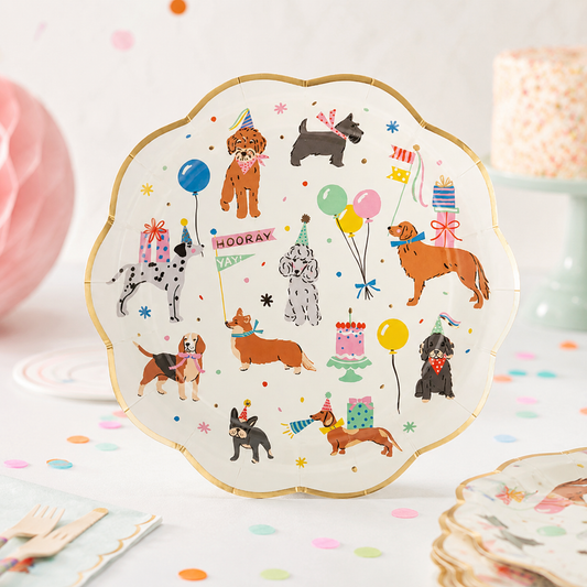 Dog Party Plates, Puppy Birthday Party Plates, Dog Birthday Decorations, Pawty Tableware, Gold Foil Paper Plates, Dog Party Supplies, 8 Ct