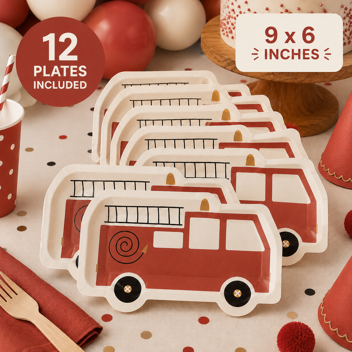Fire Truck Party Plates 12ct | Firefighter Birthday Party Supplies | Fire Engine Plates | Kids Firetruck Decorations | Firefighter Party