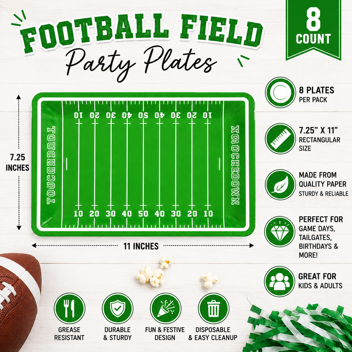 Football Field Party Plates | Touchdown Game Day Plates | Football Birthday Party Supplies | Tailgate Decorations | Sports Party Plate |8 Ct