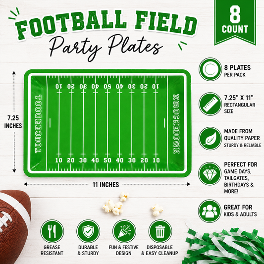 Football Field Party Plates | Touchdown Game Day Plates | Football Birthday Party Supplies | Tailgate Decorations | Sports Party Plate |8 Ct