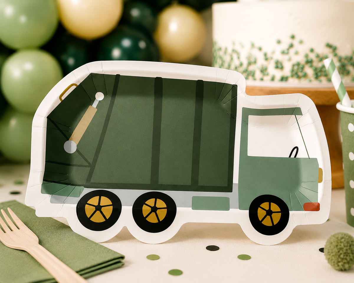 Garbage Truck Shaped Paper Plates – Trash Truck Birthday Party Plates & Construction Party Supplies