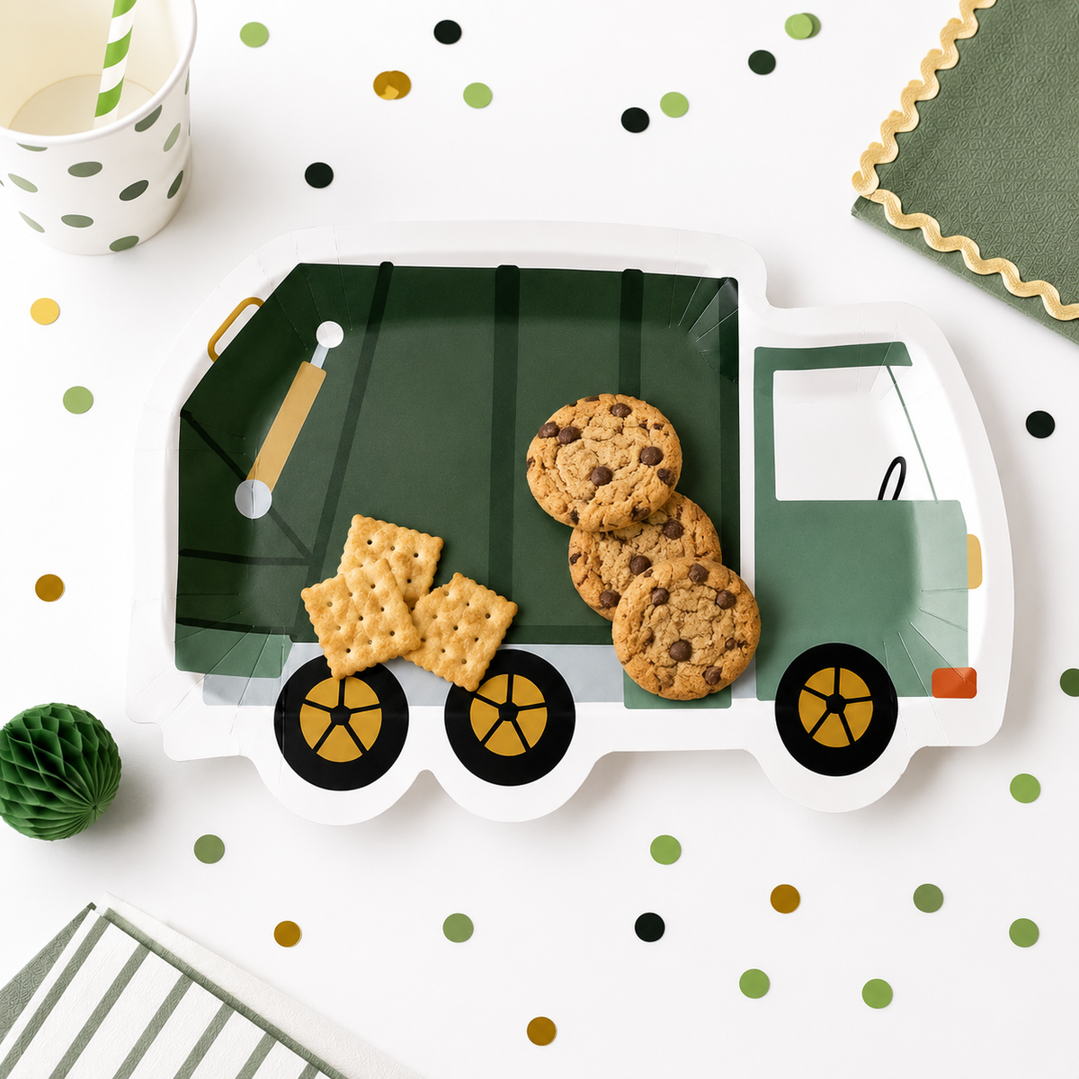 Garbage Truck Shaped Paper Plates – Trash Truck Birthday Party Plates & Construction Party Supplies