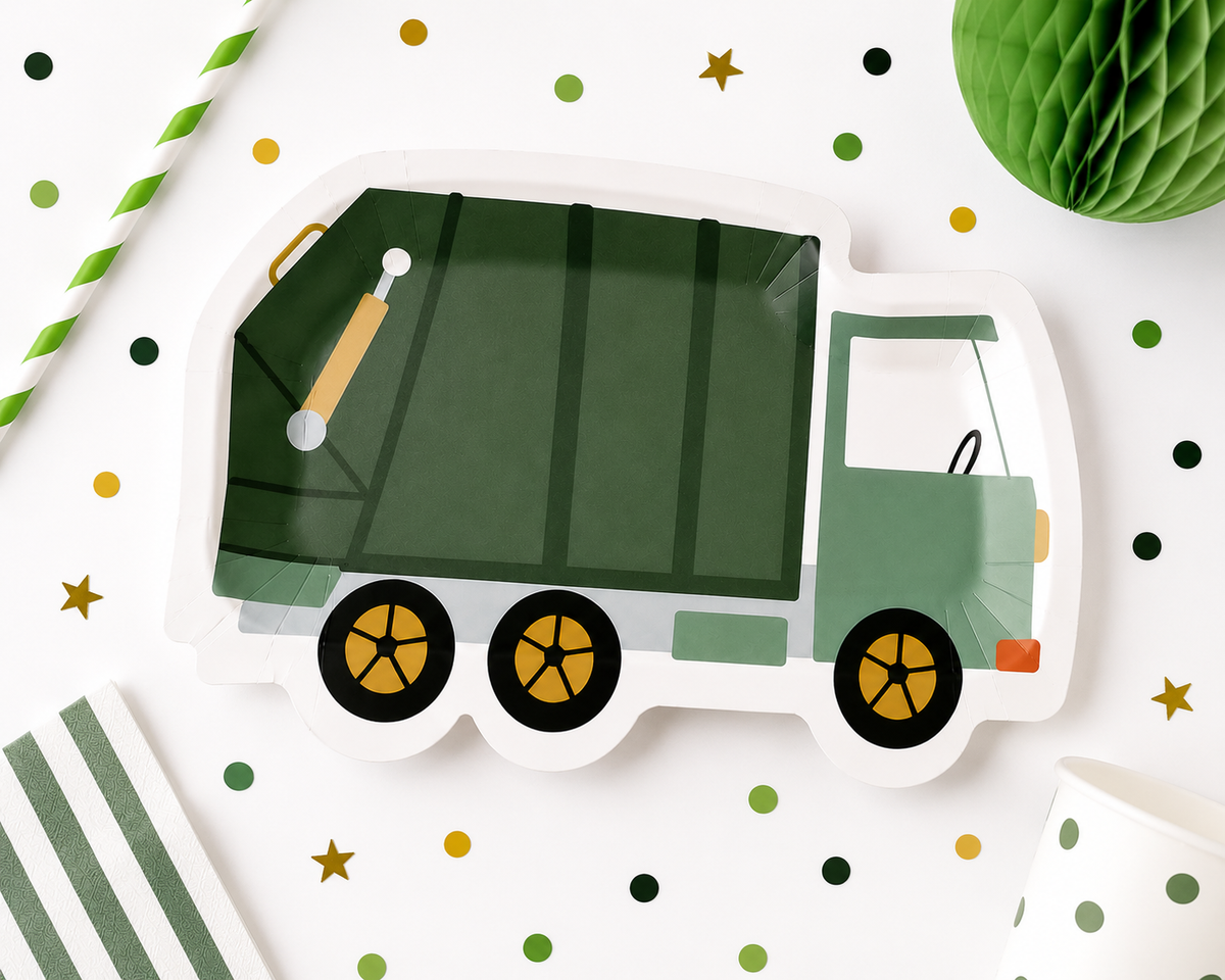 Garbage Truck Shaped Paper Plates – Trash Truck Birthday Party Plates & Construction Party Supplies