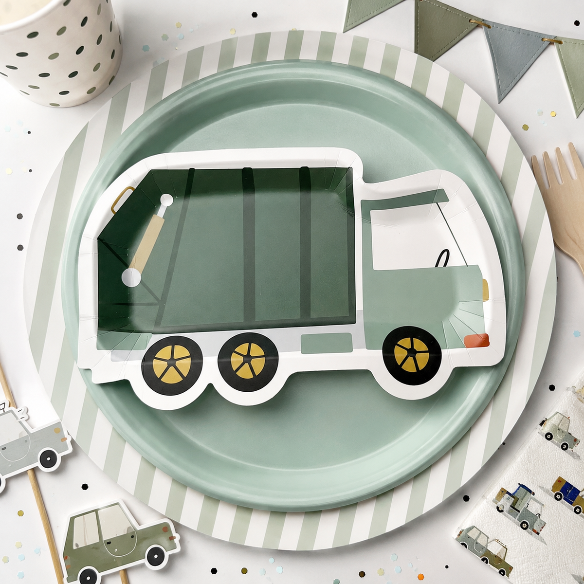 Garbage Truck Shaped Paper Plates – Trash Truck Birthday Party Plates & Construction Party Supplies
