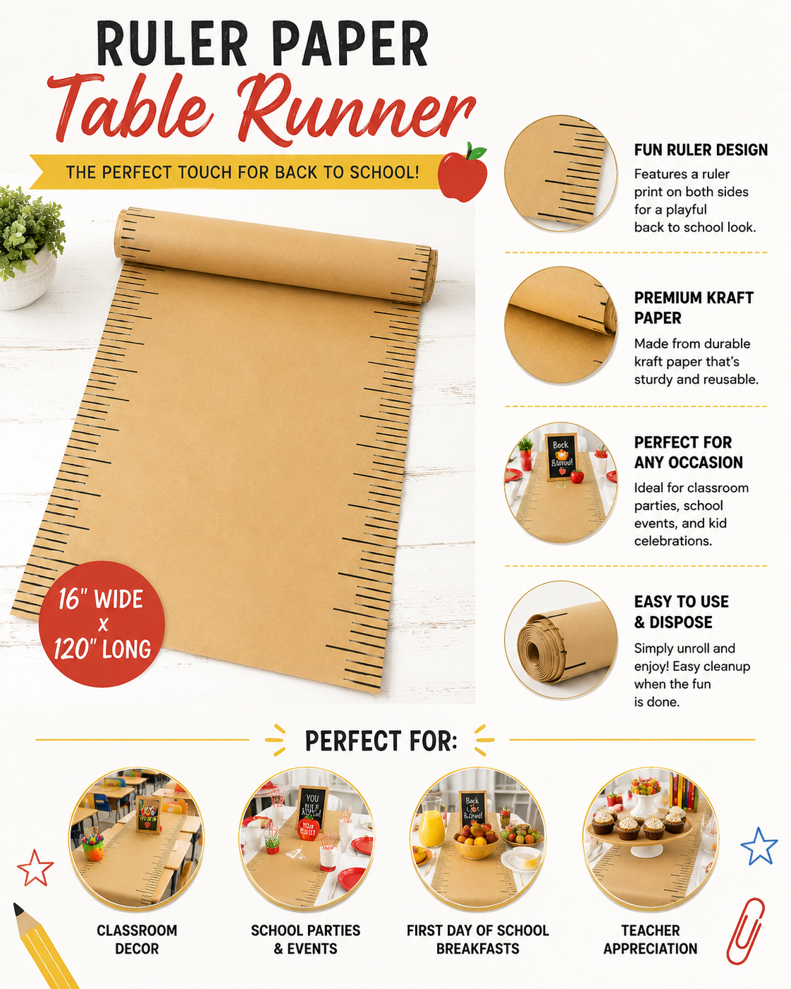 Back to School Table Runner, Ruler Kraft Paper Table Decor, First Day of School Breakfast Decorations, Teacher Classroom Party Decor