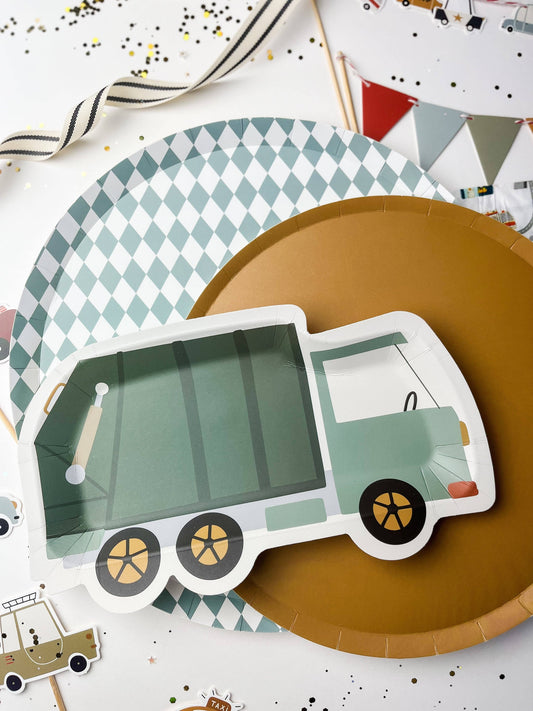 Garbage Truck Shaped Paper Plates – Trash Truck Birthday Party Plates & Construction Party Supplies