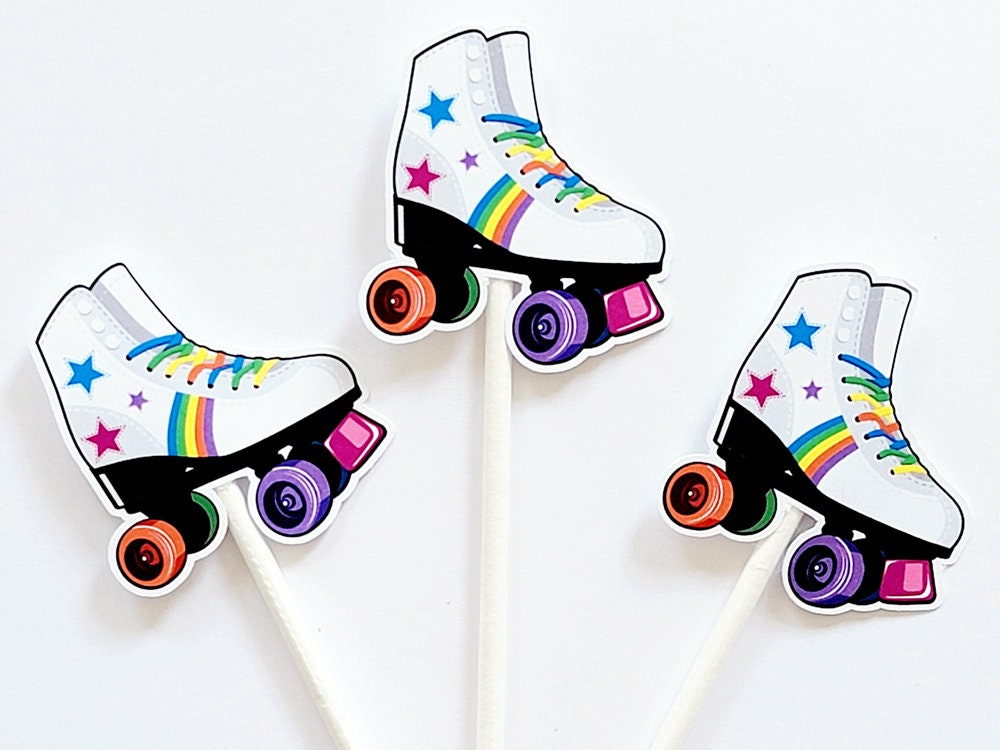 Roller skate cupcake toppers for 80s party decorations. Retro birthday cupcake picks perfect for roller skating themed parties.