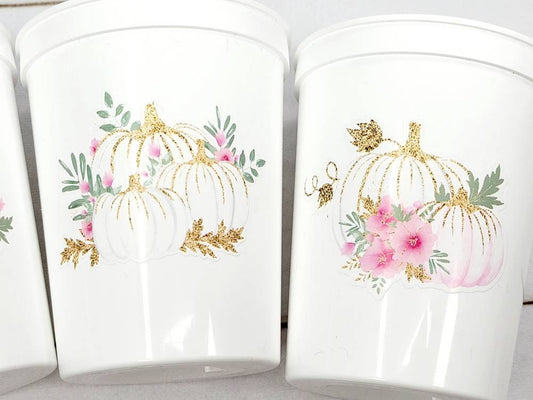 PINK PUMPKIN PARTY Cups - Reusable Pink Pumpkin Party Pink and Gold Pumpkin Cups Little Pumpkin Fall Baby Shower Pink Pumpkin Little Pumpkin