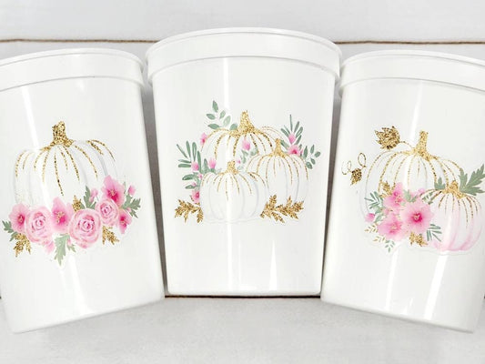 PINK PUMPKIN PARTY Cups - Reusable Pink Pumpkin Party Pink and Gold Pumpkin Cups Little Pumpkin Fall Baby Shower Pink Pumpkin Little Pumpkin