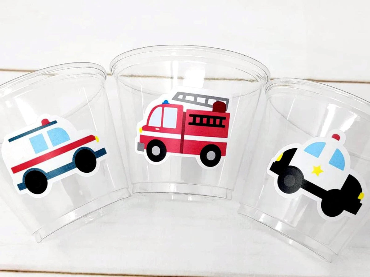 EMERGENCY VEHICLES PARTY Cups - Emergency Vehicles Birthday Party Decorations Firetruck Party Cups Ambulance Party Cups Police Party Cups