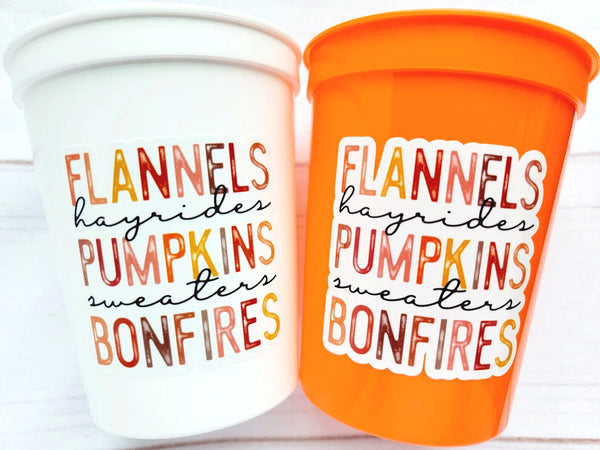 FALL PARTY CUPS - Flannels Hayrides Pumpkins Sweaters Bonfires Fall Party Cups Harvest Party Cups Harvest Birthday Cups Thanksgiving Cups