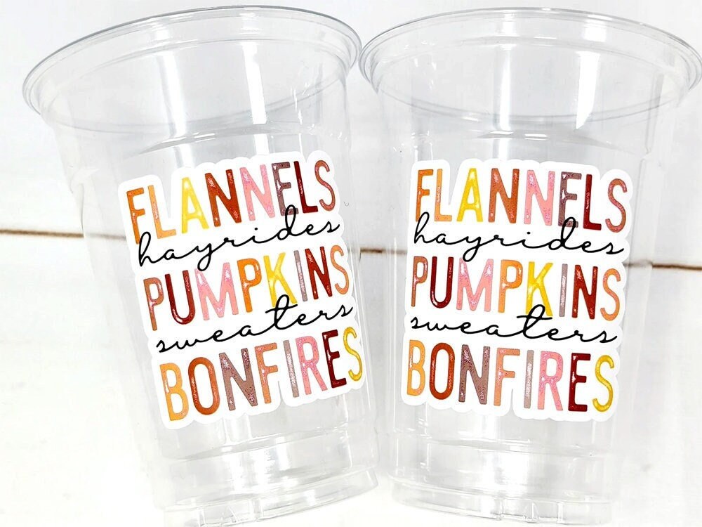 FALL PARTY CUPS - Flannels Hayrides Pumpkins Sweaters Bonfires Fall Party Cups Harvest Party Cups Harvest Birthday Cups Thanksgiving Cups