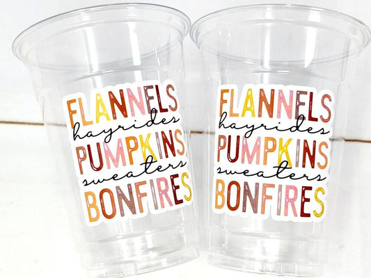 FALL PARTY CUPS - Flannels Hayrides Pumpkins Sweaters Bonfires Fall Party Cups Harvest Party Cups Harvest Birthday Cups Thanksgiving Cups